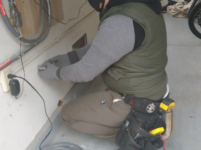 Electrician performing outlet wiring in a Kawkawlin garage